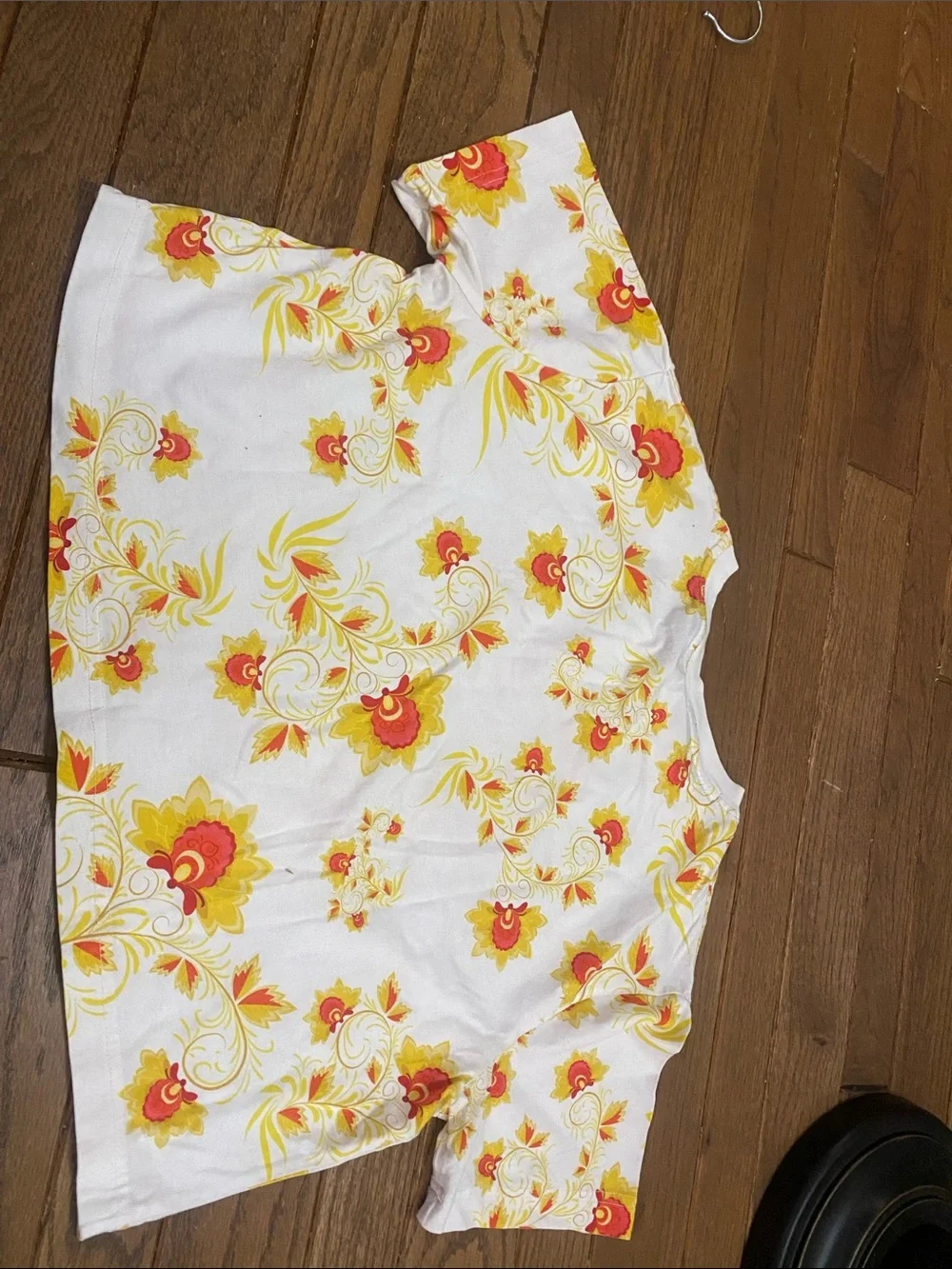 Nike White Tee with Red Logo and Yellow Floral Print